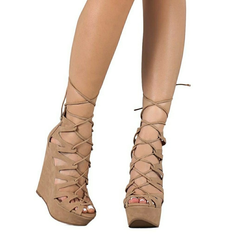 Style Fix Lace Up Platform Wedges Nude